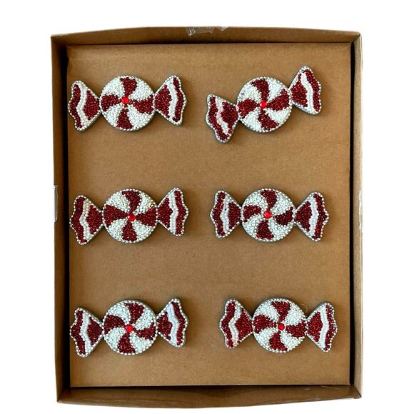 Tahari Beaded Peppermint Candy Napkin Rings Set of 6 Red White Christmas Holiday - Picture 1 of 5